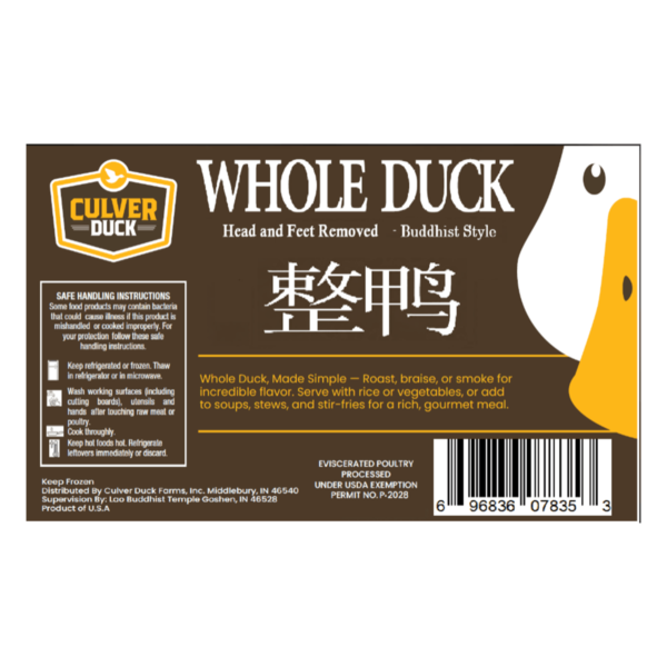 Frozen Whole Duck (Head & Feet Off), Mid-Size 3-4 lb